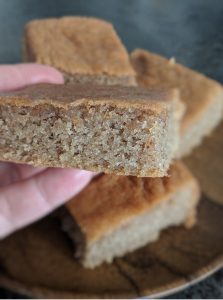 A hand holding a slice of Stacey Hart's low sugar alternative recipe to honey cake